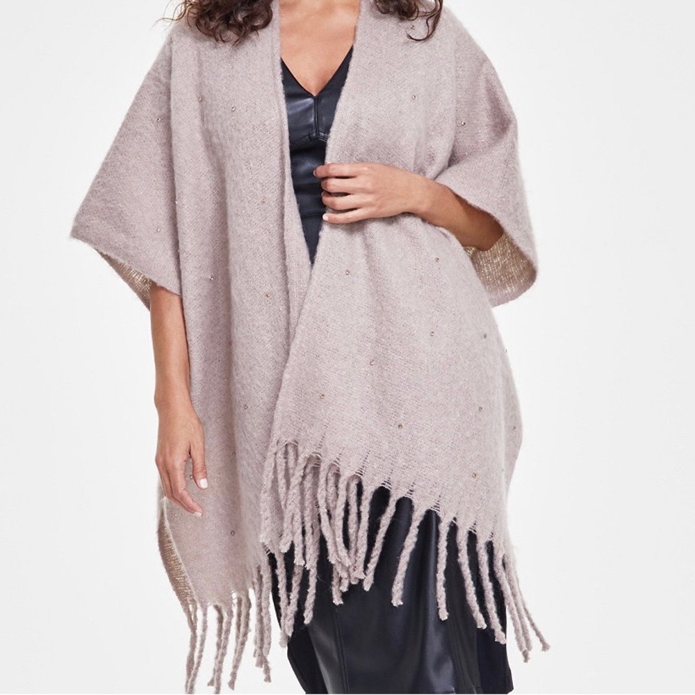 INC International Concepts Taupe Poncho with Fringe